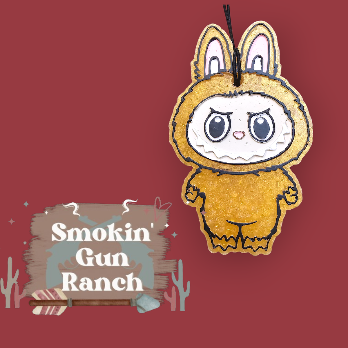 Yellow Labubu freshie on red graphic background
