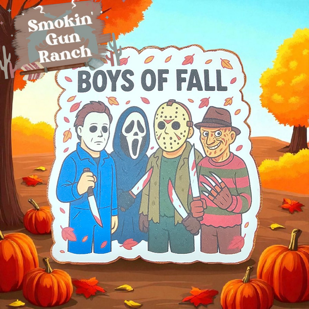 Boys of Fall character freshie on autumn illustration