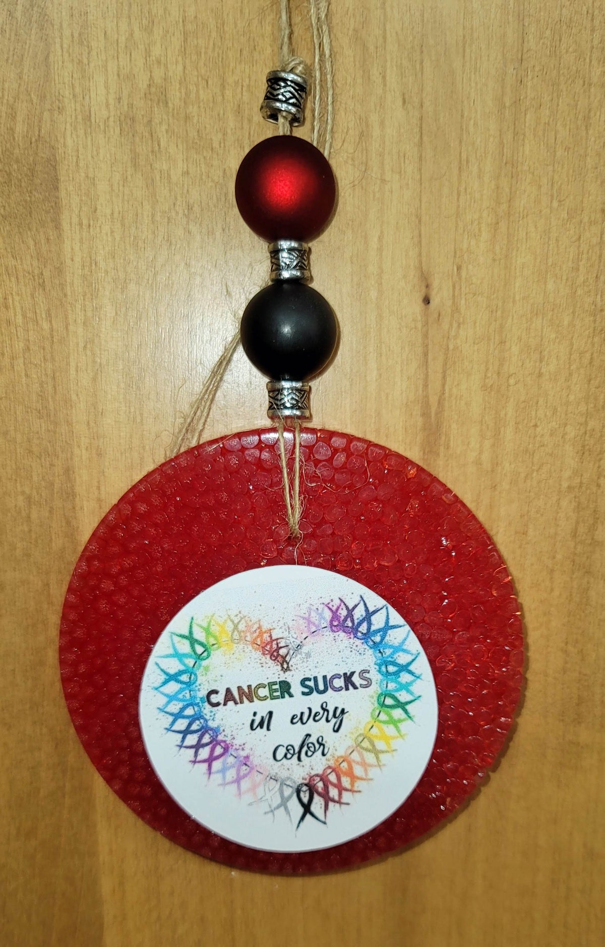Red round cardstock freshie with winter graphic and beads