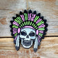 Black skull headdress freshie with pink and green feathers