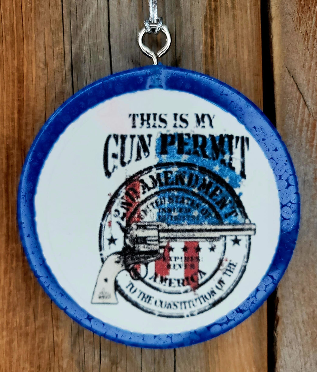Blue round cardstock freshie with patriotic gun permit graphic
