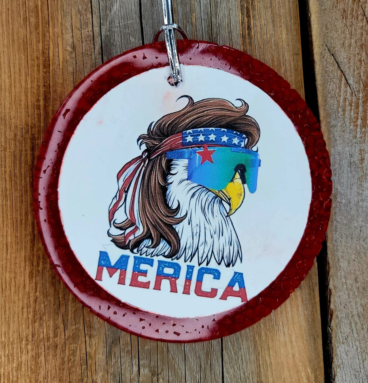 Red round cardstock freshie with patriotic eagle graphic