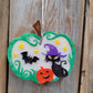 Pumpkin scene freshie with witch, black cat, bat, and jack-o'-lantern on wood