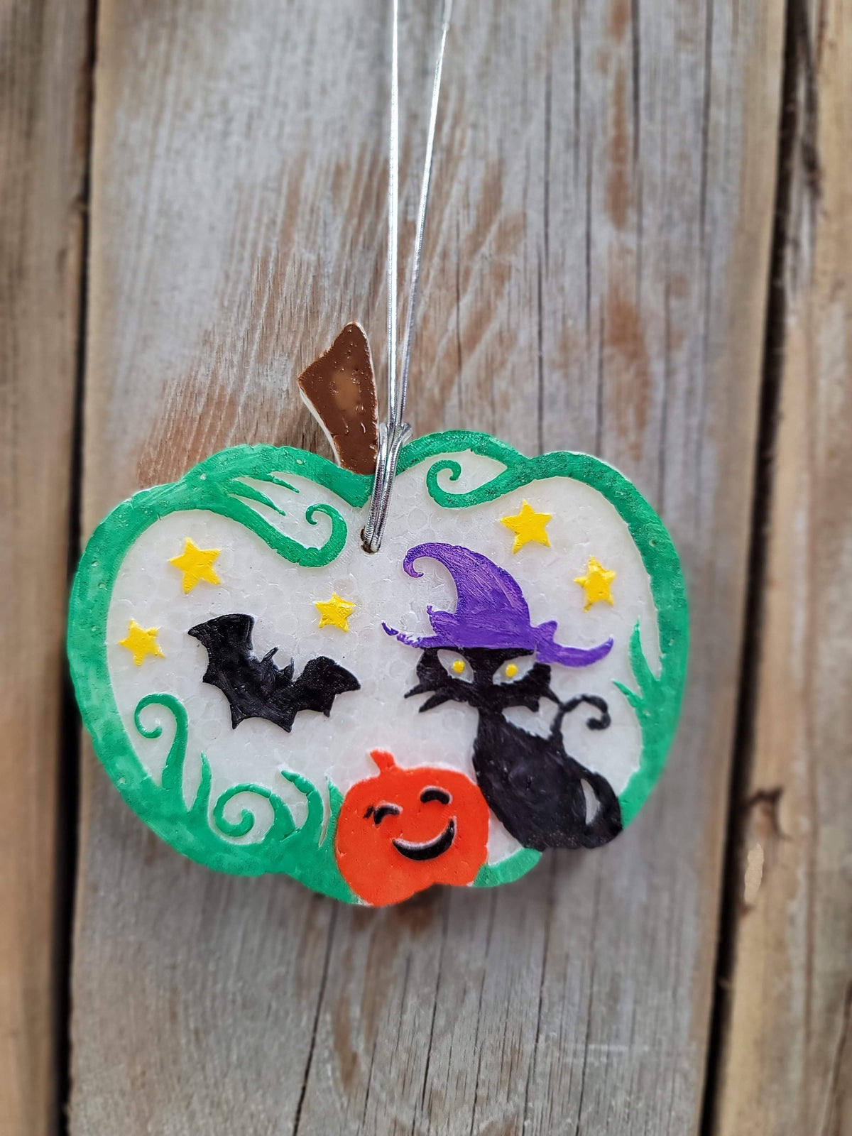 Pumpkin scene freshie with witch, black cat, bat, and jack-o'-lantern on wood