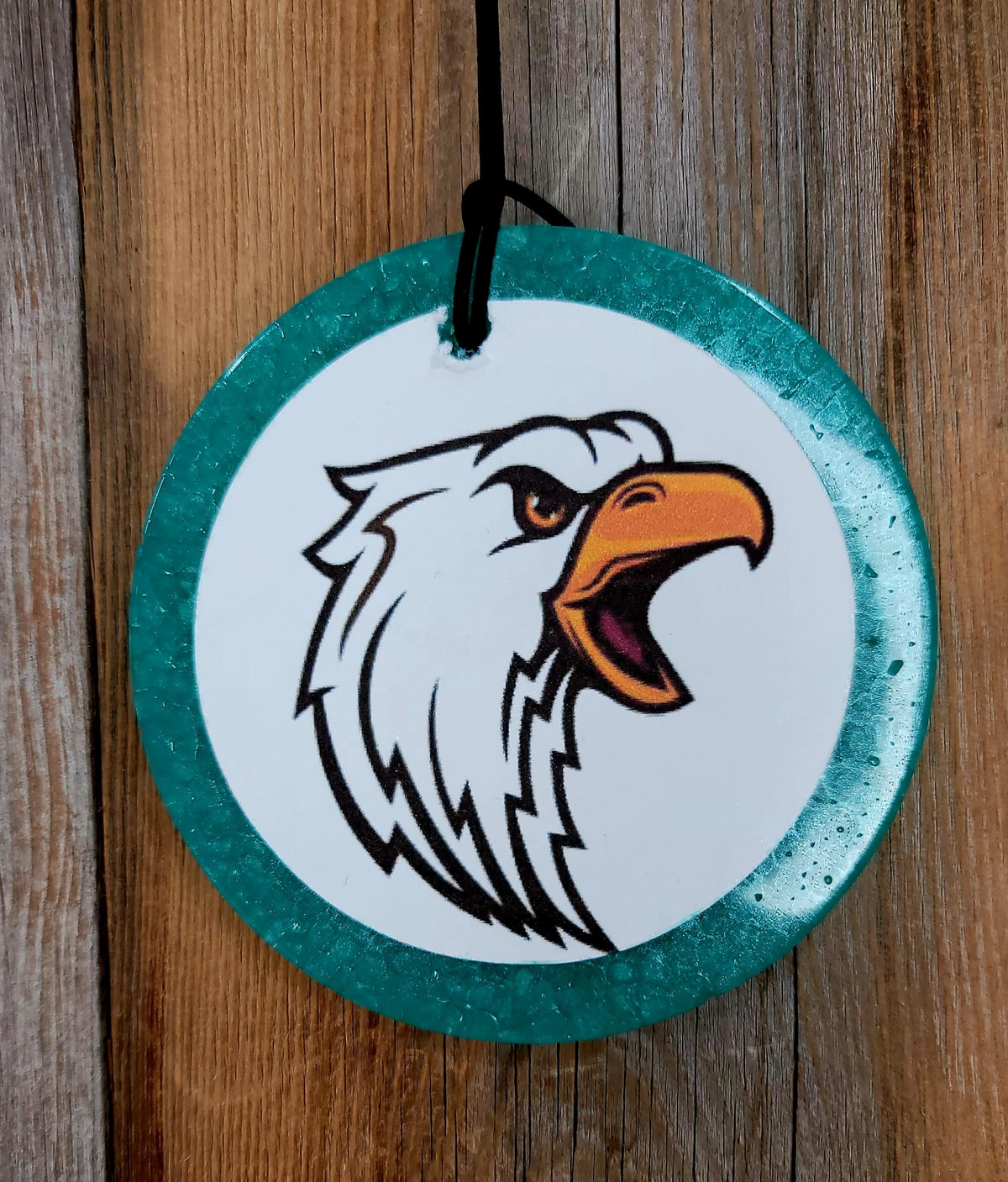 Turquoise round cardstock freshie with eagle graphic