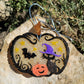 Pumpkin scene freshie with witch, black cat, bat, and jack-o'-lantern outdoors
