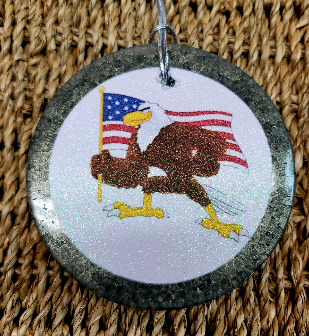 Gray round cardstock freshie with eagle and American flag graphic