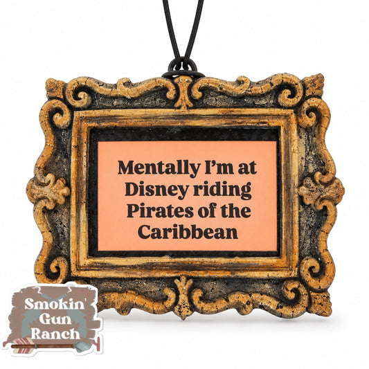 Ornate frame 3D shaped car freshie reading Mentally I'm at Disney riding Pirates of the Caribbean