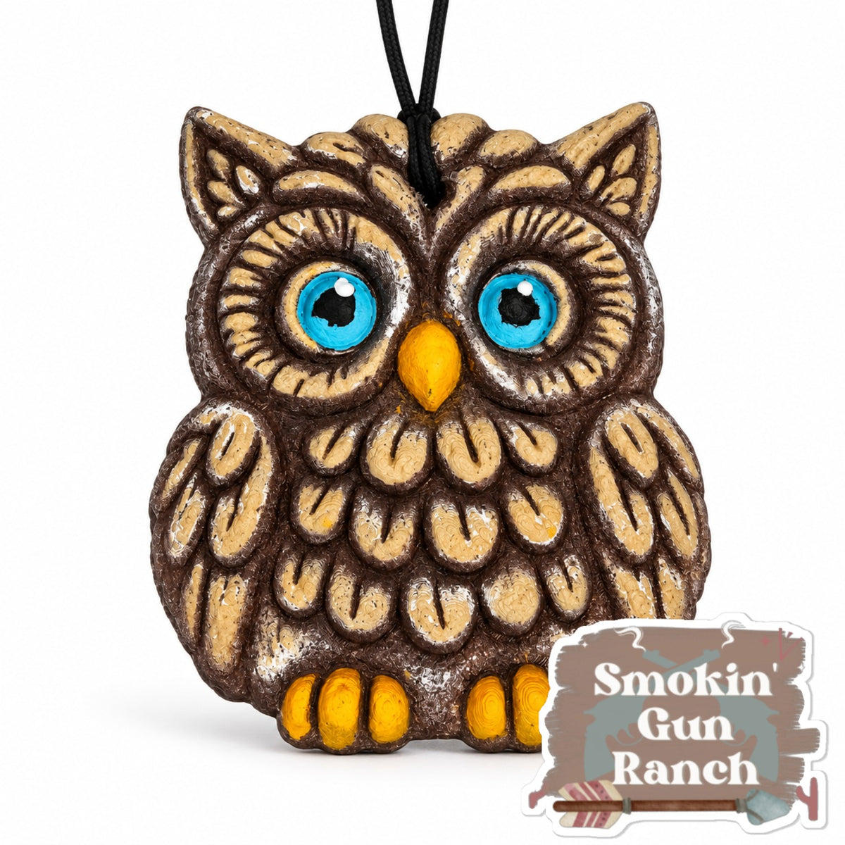 Brown owl 3D shaped car freshie with blue eyes on white background