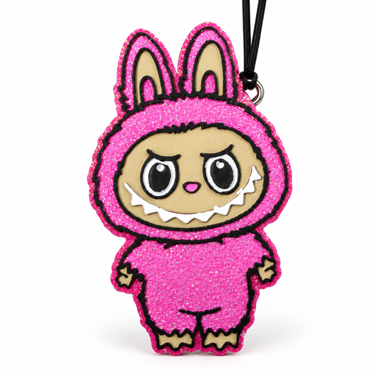 Pink bunny-eared Labubu freshie on white background