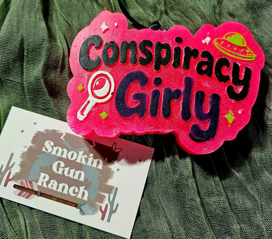 Hot pink Conspiracy Girly car freshie with UFO and magnifying glass graphics